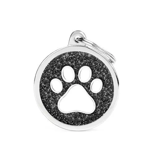 Myfamily Shine Id Tag – Big Black Glitter Circle With White Paw Design 1